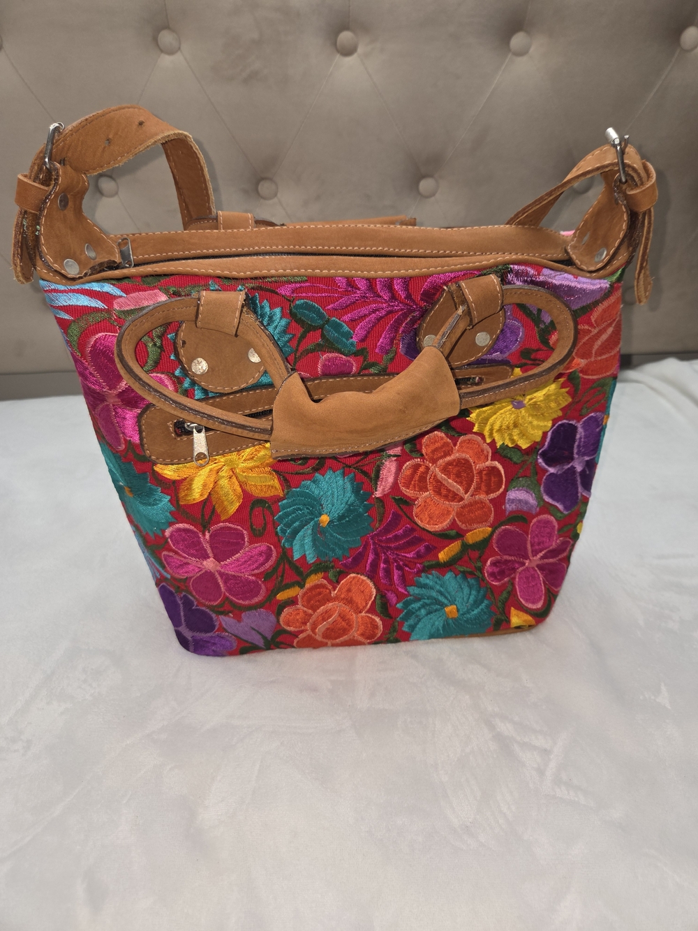 Floral Embroidered Boho Shoulder Bag Brown Trim Artisan Handbag
